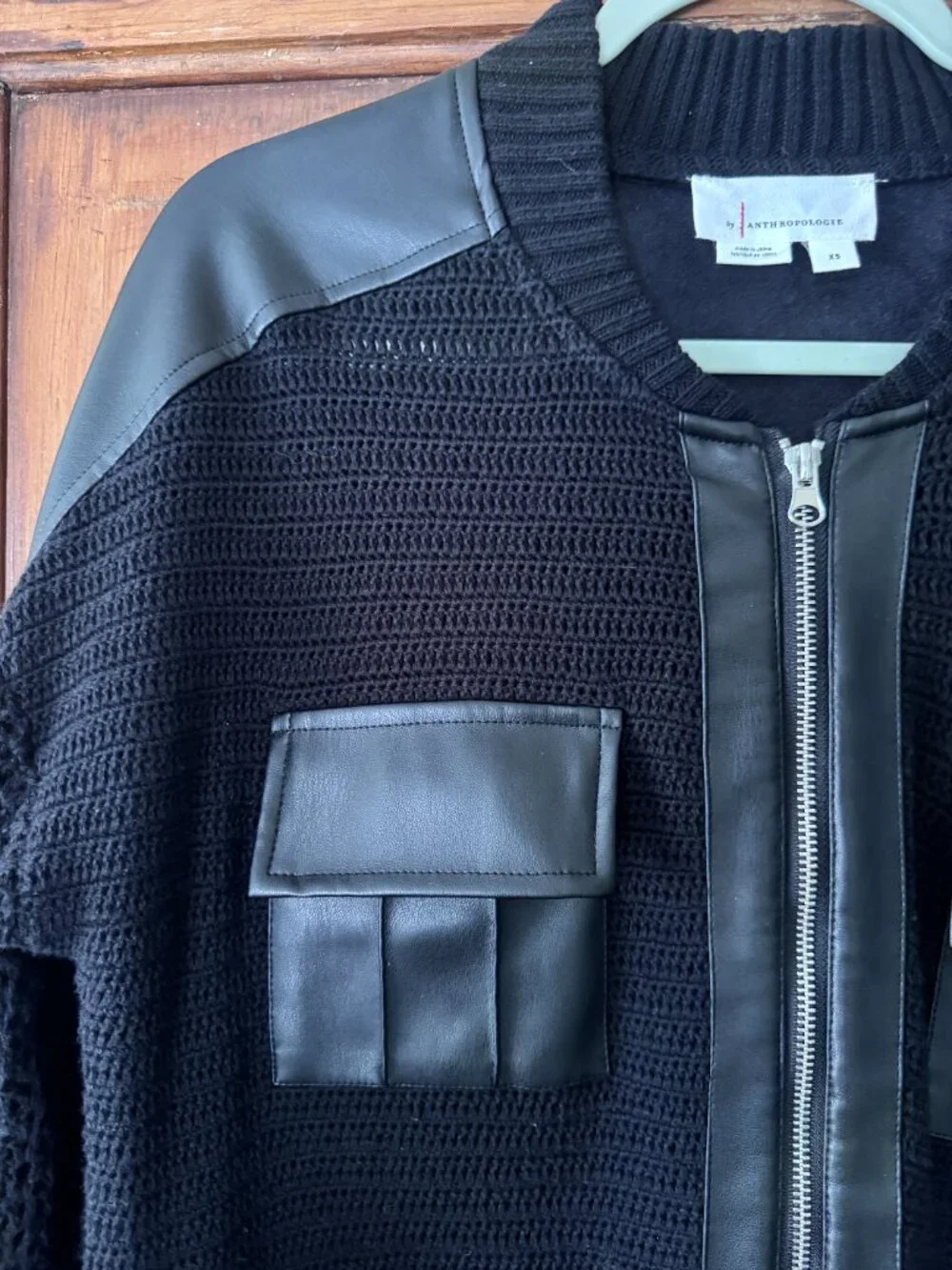 Anthropologie Black Knit Faux Leather Mixed Media Bomber Jacket XS - Picture 3 of 5